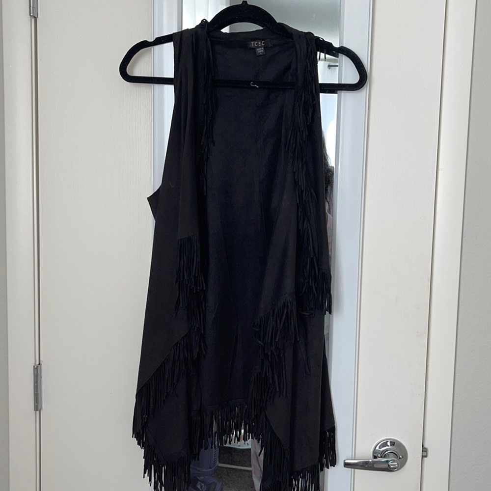 Long Black suede Fringe Vest